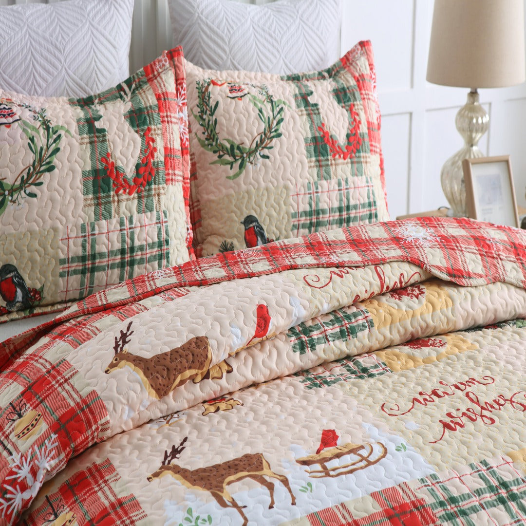 3 Piece Christmas Quilt Set Lightweight Holiday Plaid Patchwork Bedspread B021
