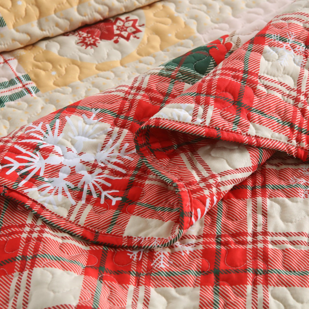 3 Piece Christmas Quilt Set Lightweight Holiday Plaid Patchwork Bedspread B021