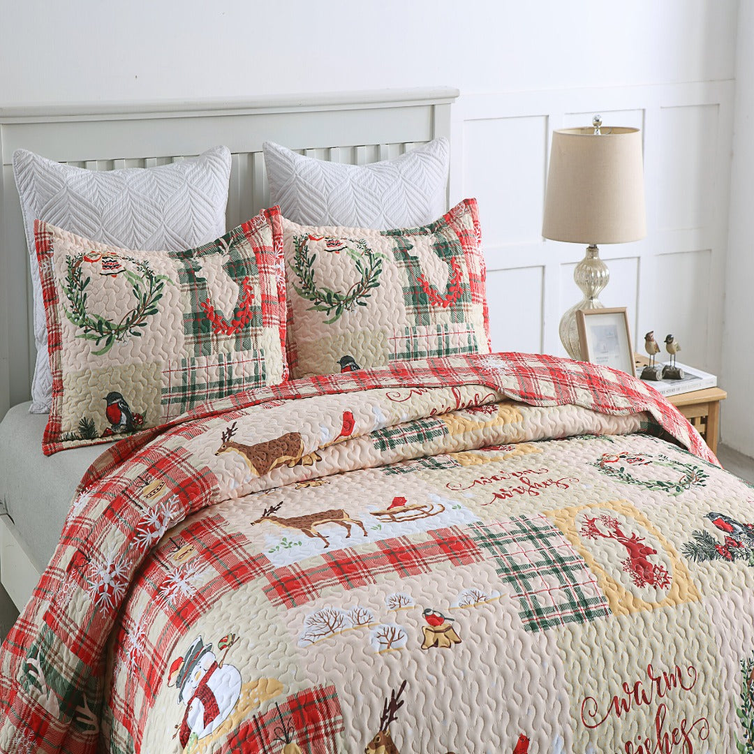 3 Piece Christmas Quilt Set Lightweight Holiday Plaid Patchwork Bedspread B021