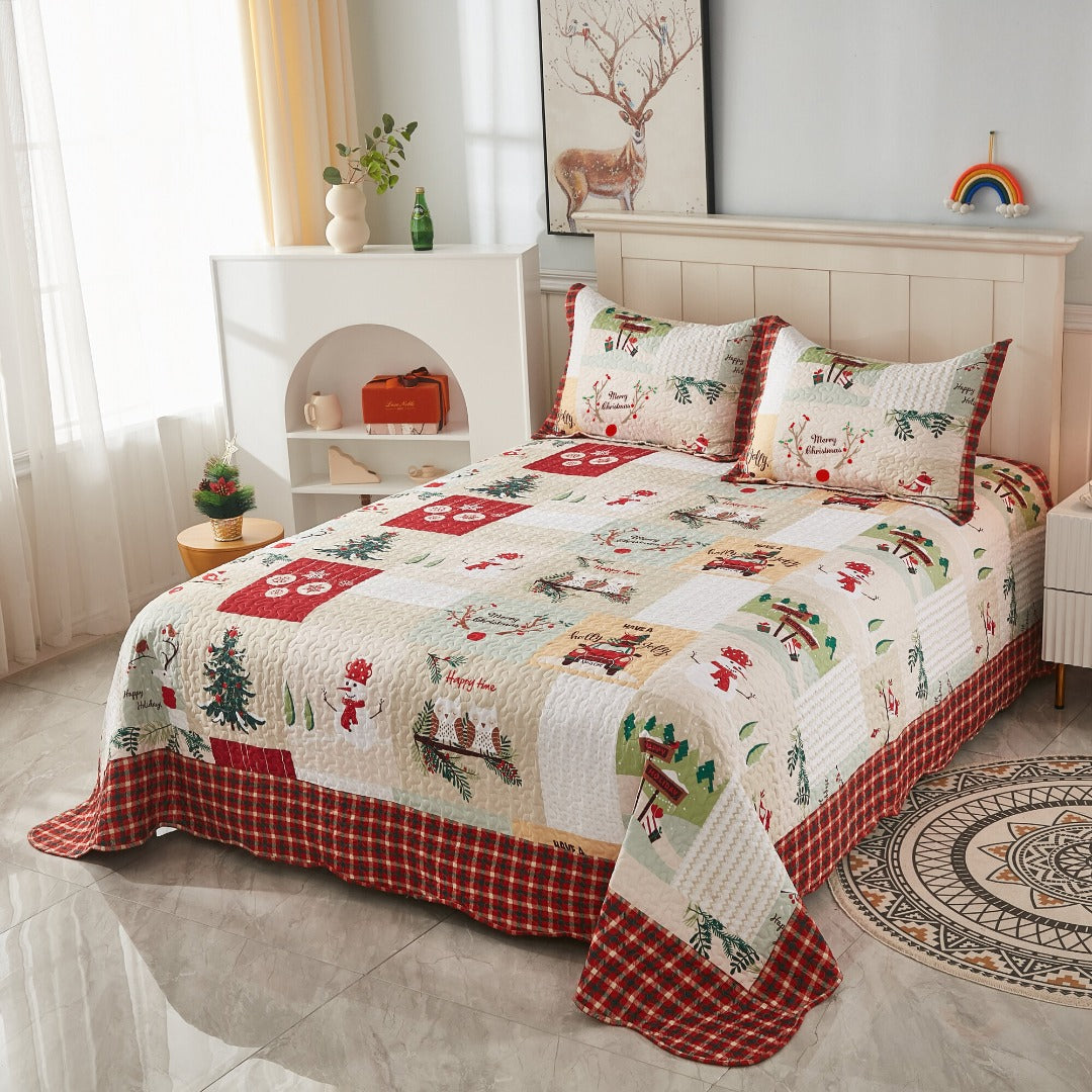 3 Piece Christmas Patchwork Quilt Set Lightweight Holiday Bedspread B022