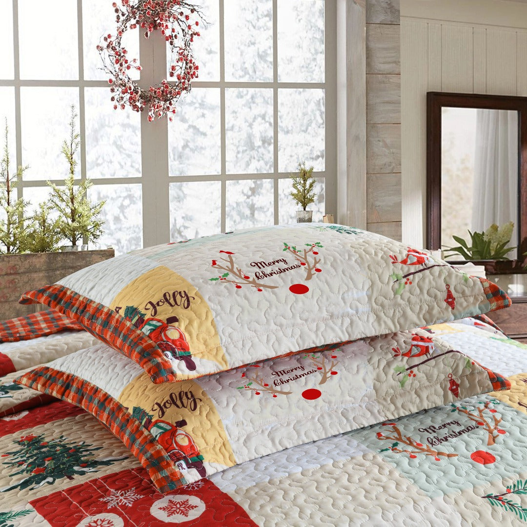 3 Piece Christmas Patchwork Quilt Set Lightweight Holiday Bedspread B022