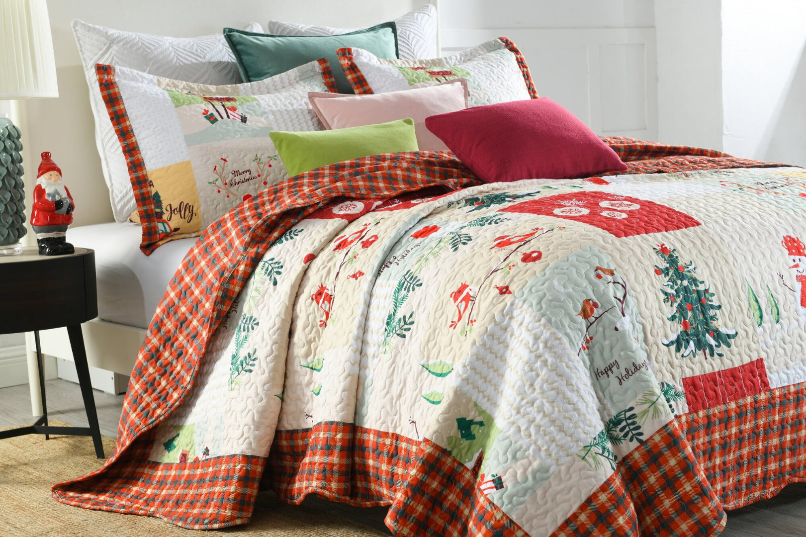3 Piece Christmas Patchwork Quilt Set Lightweight Holiday Bedspread B022