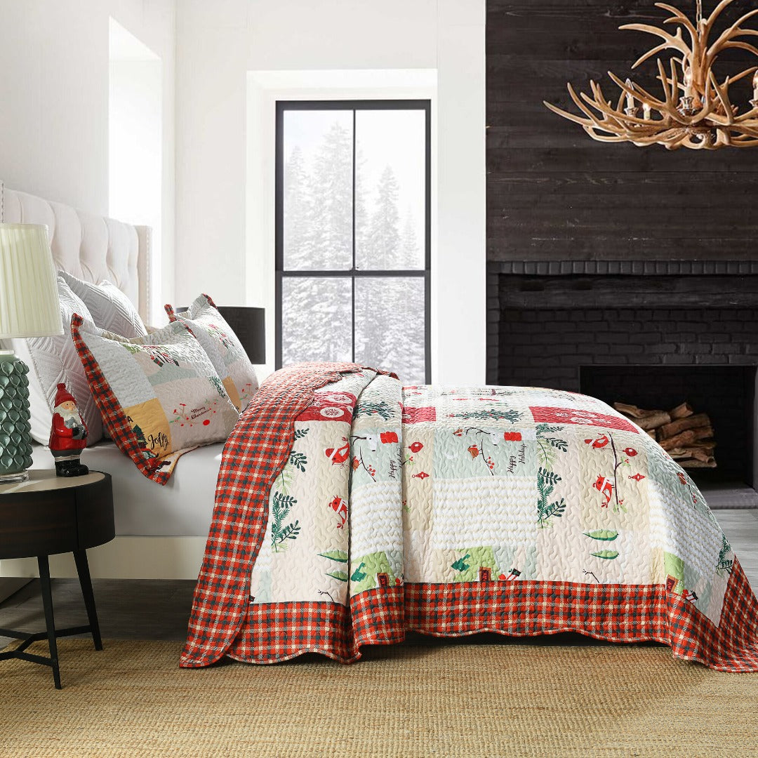 3 Piece Christmas Patchwork Quilt Set Lightweight Holiday Bedspread B022