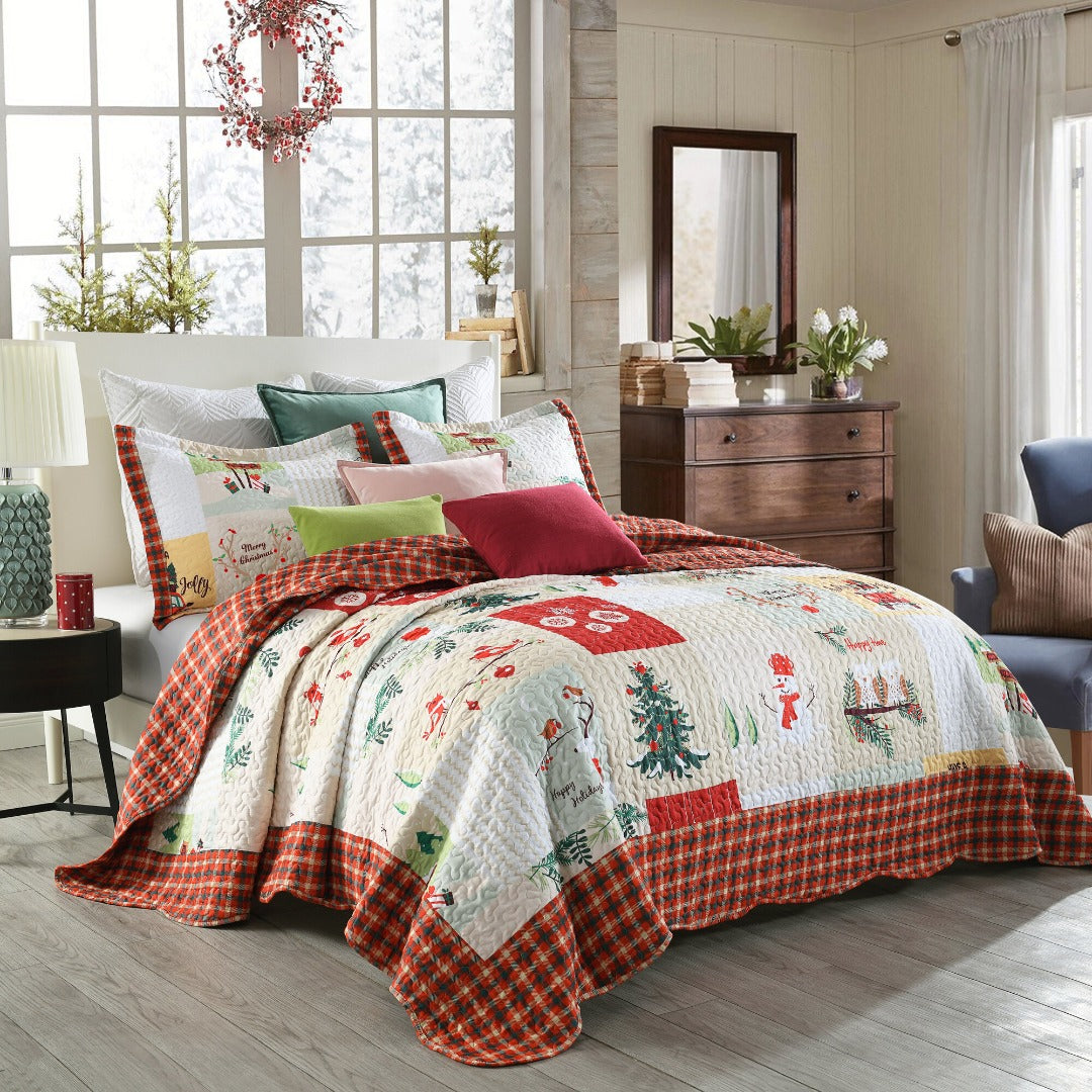3 Piece Christmas Patchwork Quilt Set Lightweight Holiday Bedspread B022
