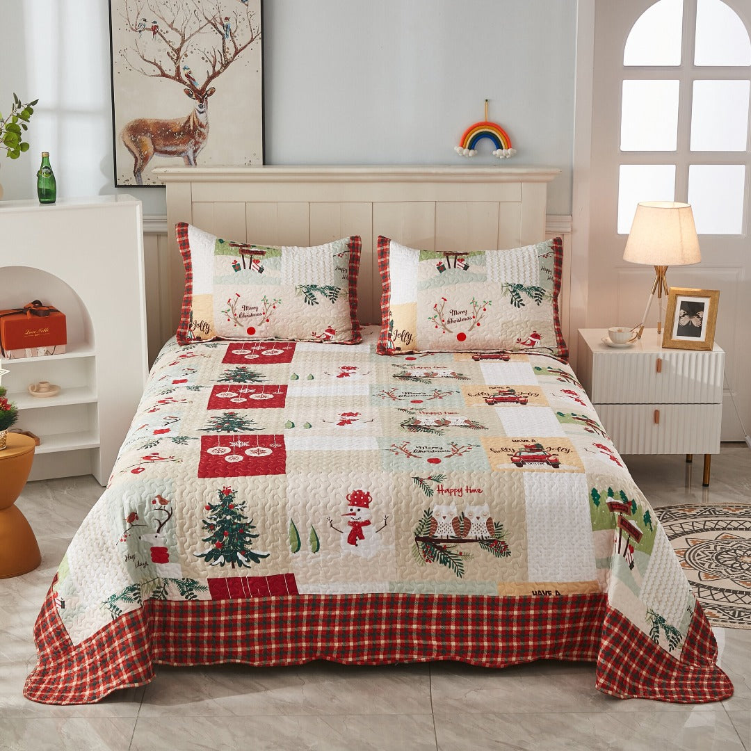 3 Piece Christmas Patchwork Quilt Set Lightweight Holiday Bedspread B022