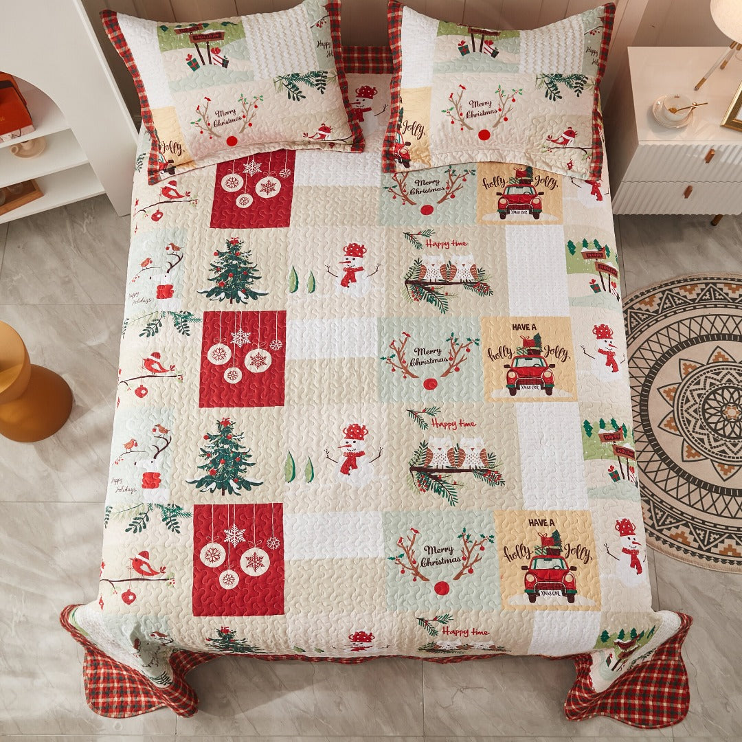 3 Piece Christmas Patchwork Quilt Set Lightweight Holiday Bedspread B022
