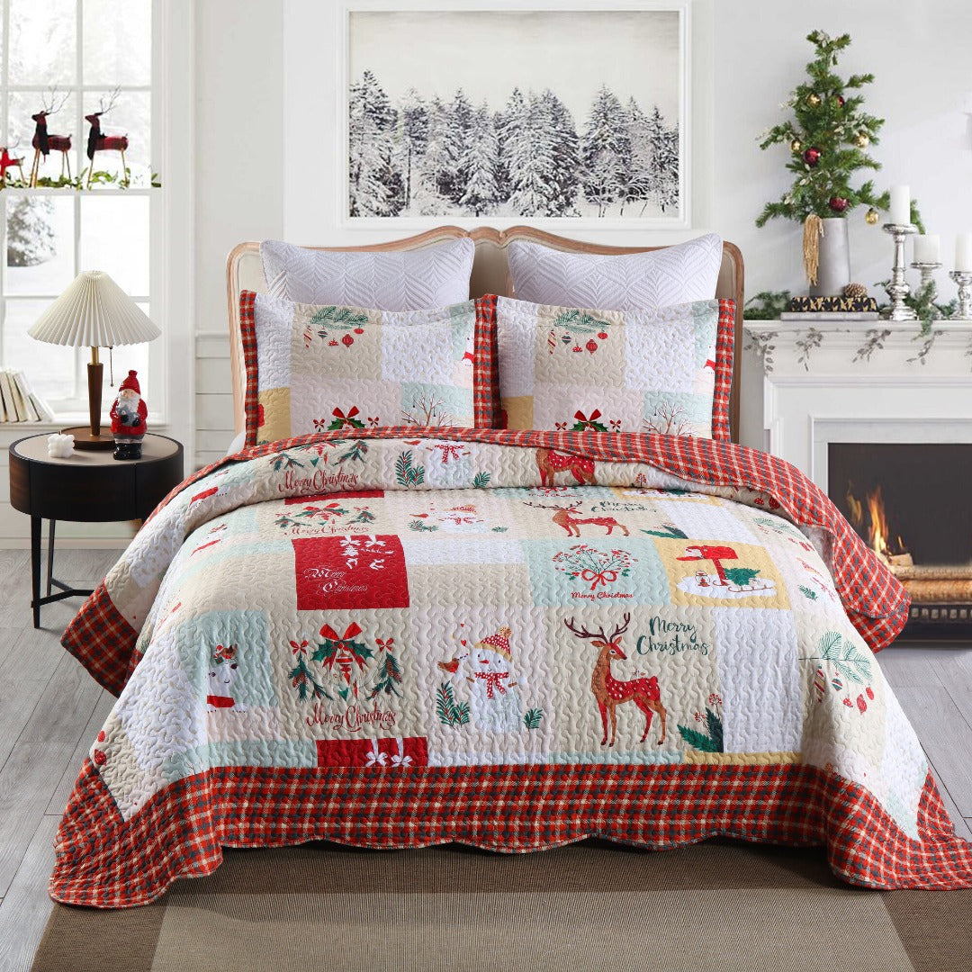3 Piece Christmas Holiday Quilt Set Patchwork Winter Bedspread B023