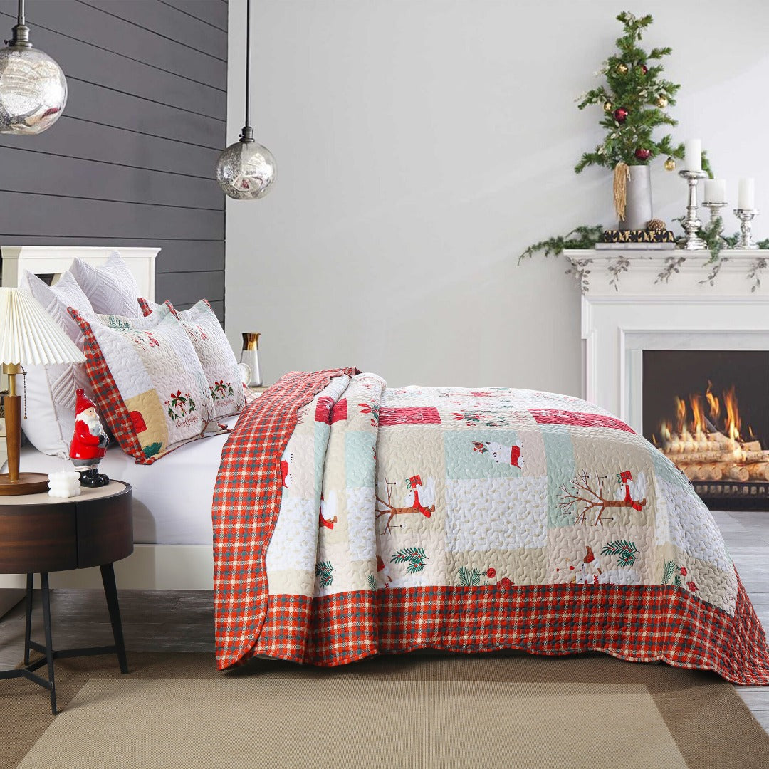 3 Piece Christmas Holiday Quilt Set Patchwork Winter Bedspread B023