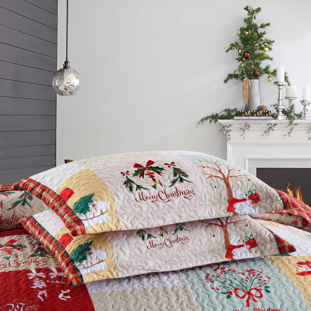 3 Piece Christmas Holiday Quilt Set Patchwork Winter Bedspread B023