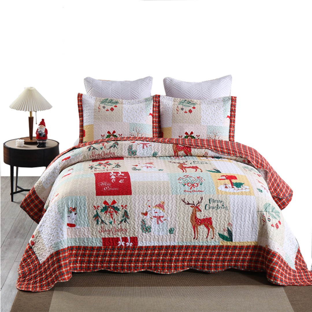 3 Piece Christmas Holiday Quilt Set Patchwork Winter Bedspread B023