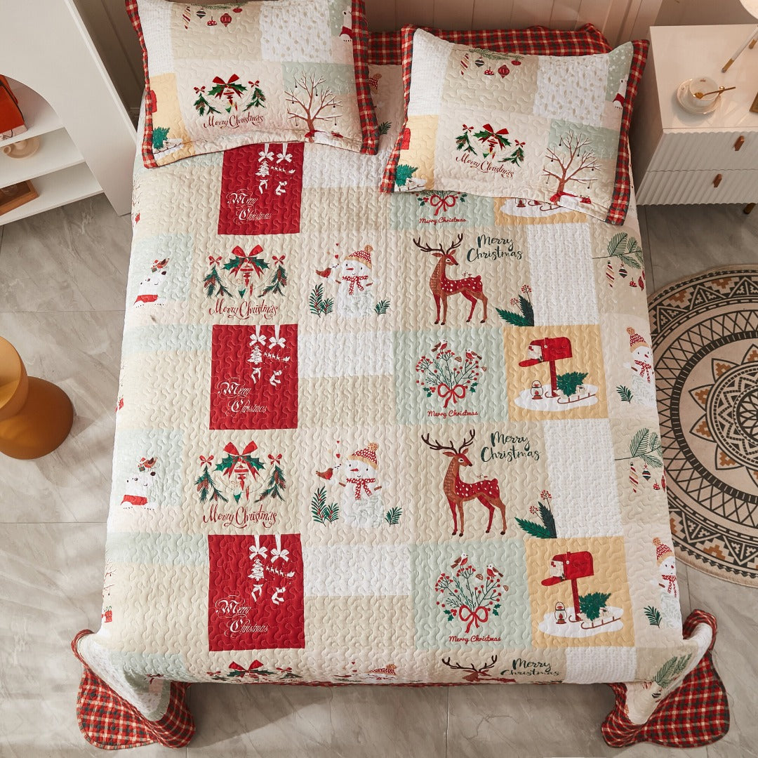 3 Piece Christmas Holiday Quilt Set Patchwork Winter Bedspread B023