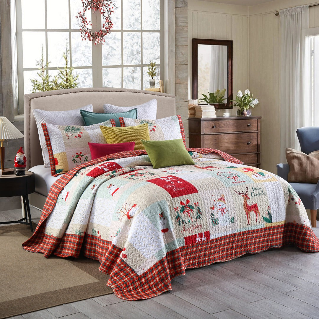 3 Piece Christmas Holiday Quilt Set Patchwork Winter Bedspread B023