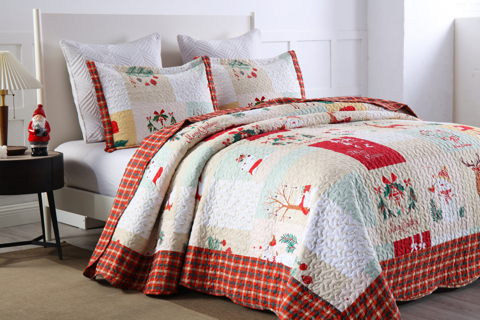 3 Piece Christmas Holiday Quilt Set Patchwork Winter Bedspread B023