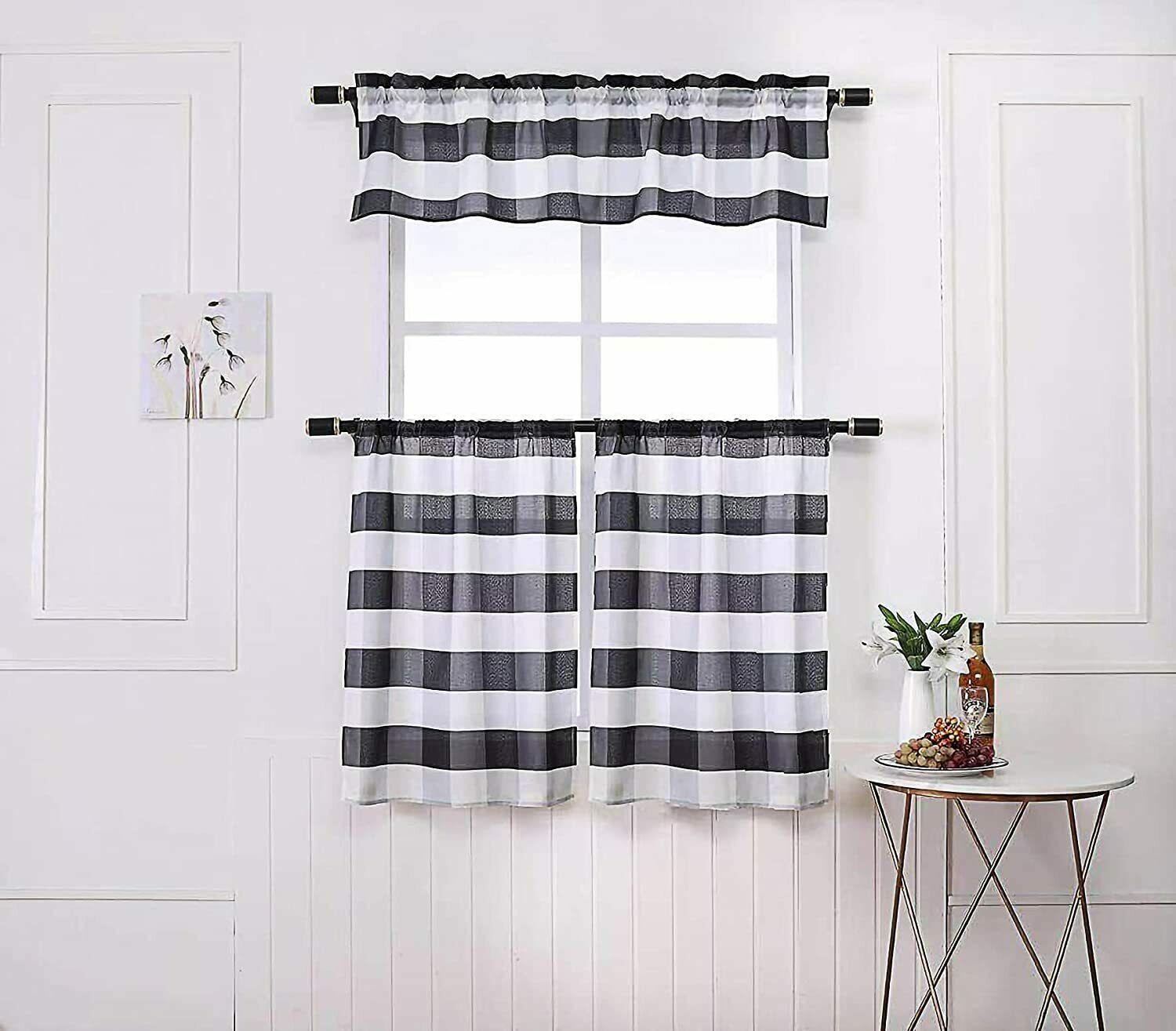 Buffalo Check Kitchen Curtains – 3 Piece Tier Set with Valance