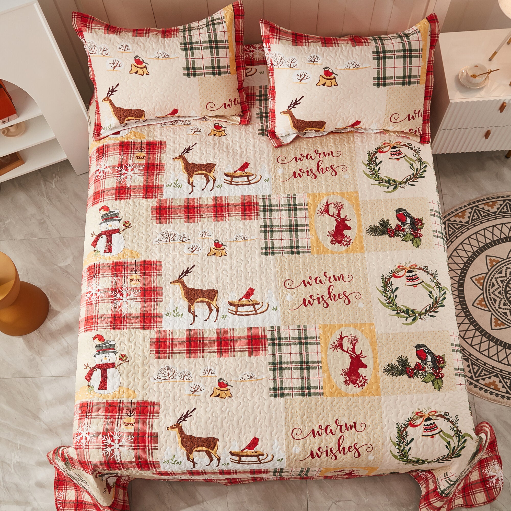 3 Piece Christmas Quilt Set Lightweight Holiday Plaid Patchwork Bedspread B021