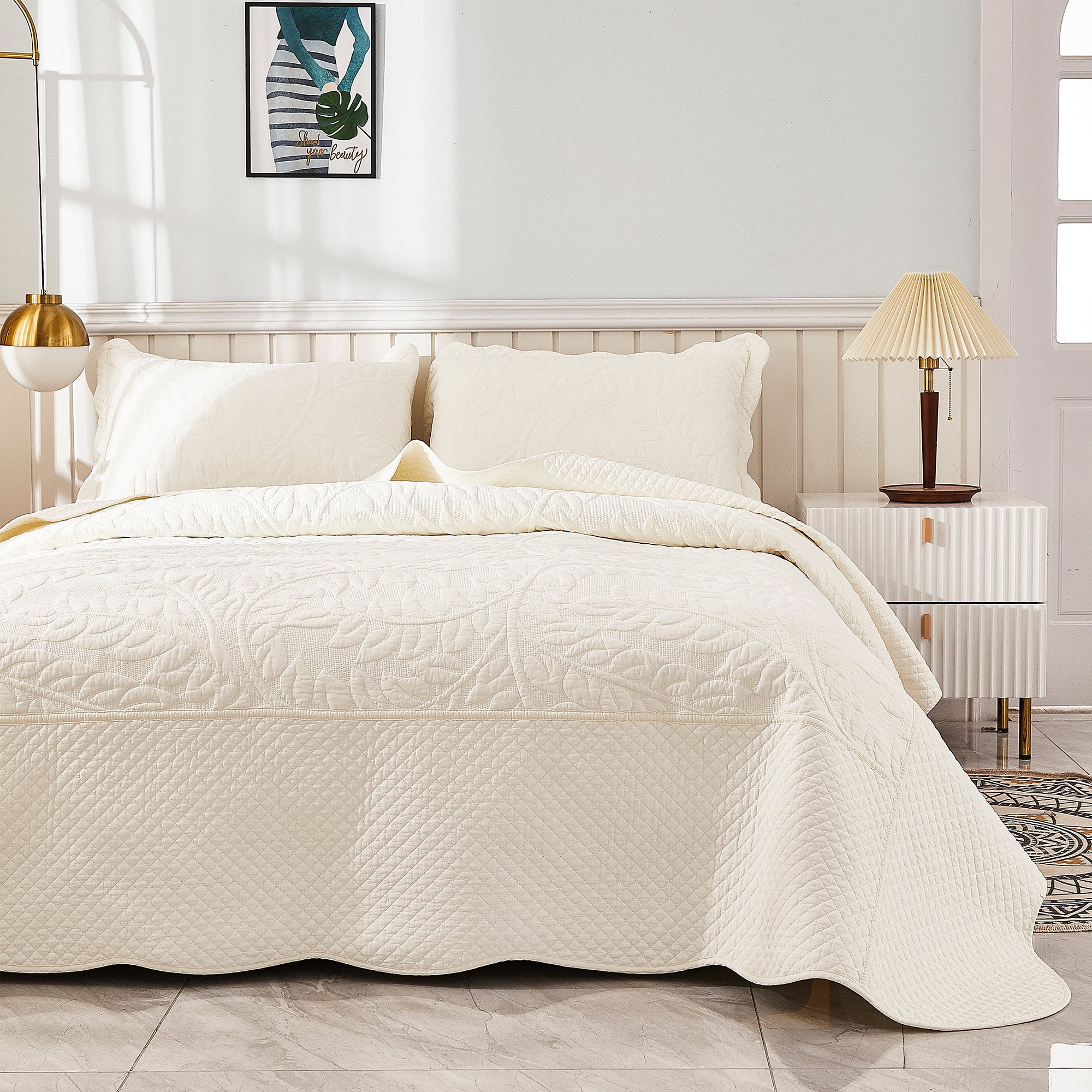 3 Piece 100% Cotton Quilt Set, Oversized Quilted Bedspread T