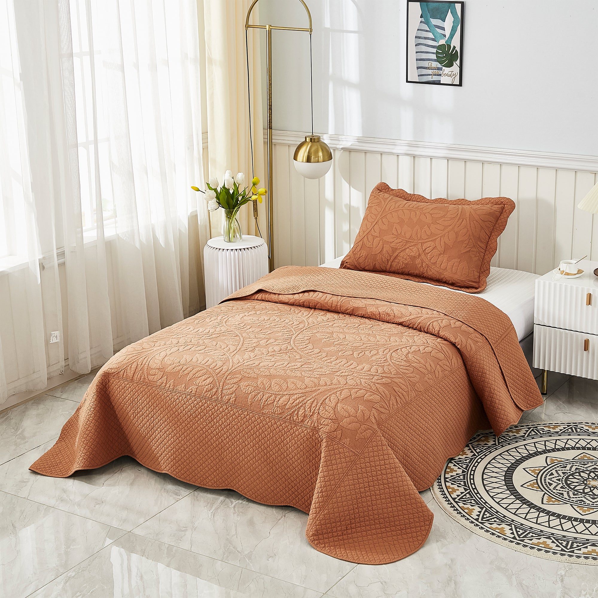 3 Piece 100% Cotton Quilt Set, Oversized Quilted Bedspread T