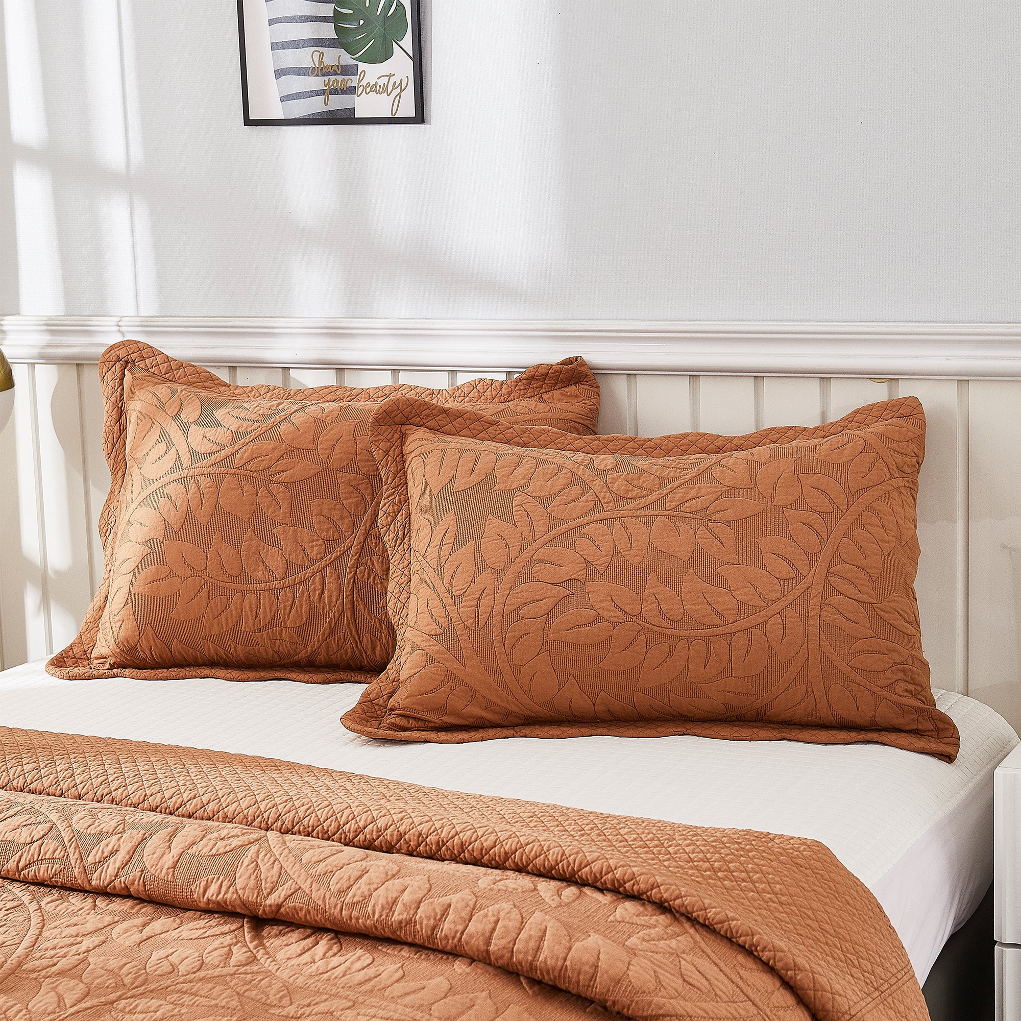 2-Piece 100% Cotton Quilted Pillow Shams Embroidered Farmhouse Pillow Shams