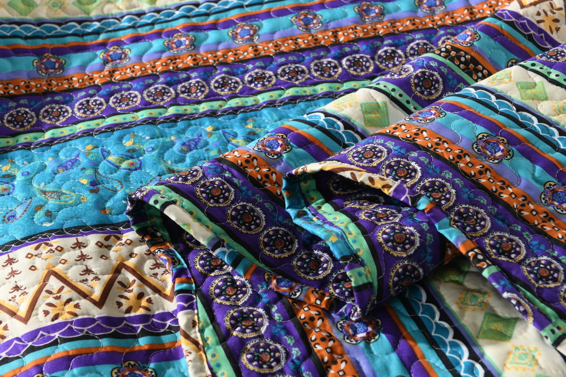 3 Piece Boho Quilt Set, Tribal Striped Bedspread Lightweight BY011
