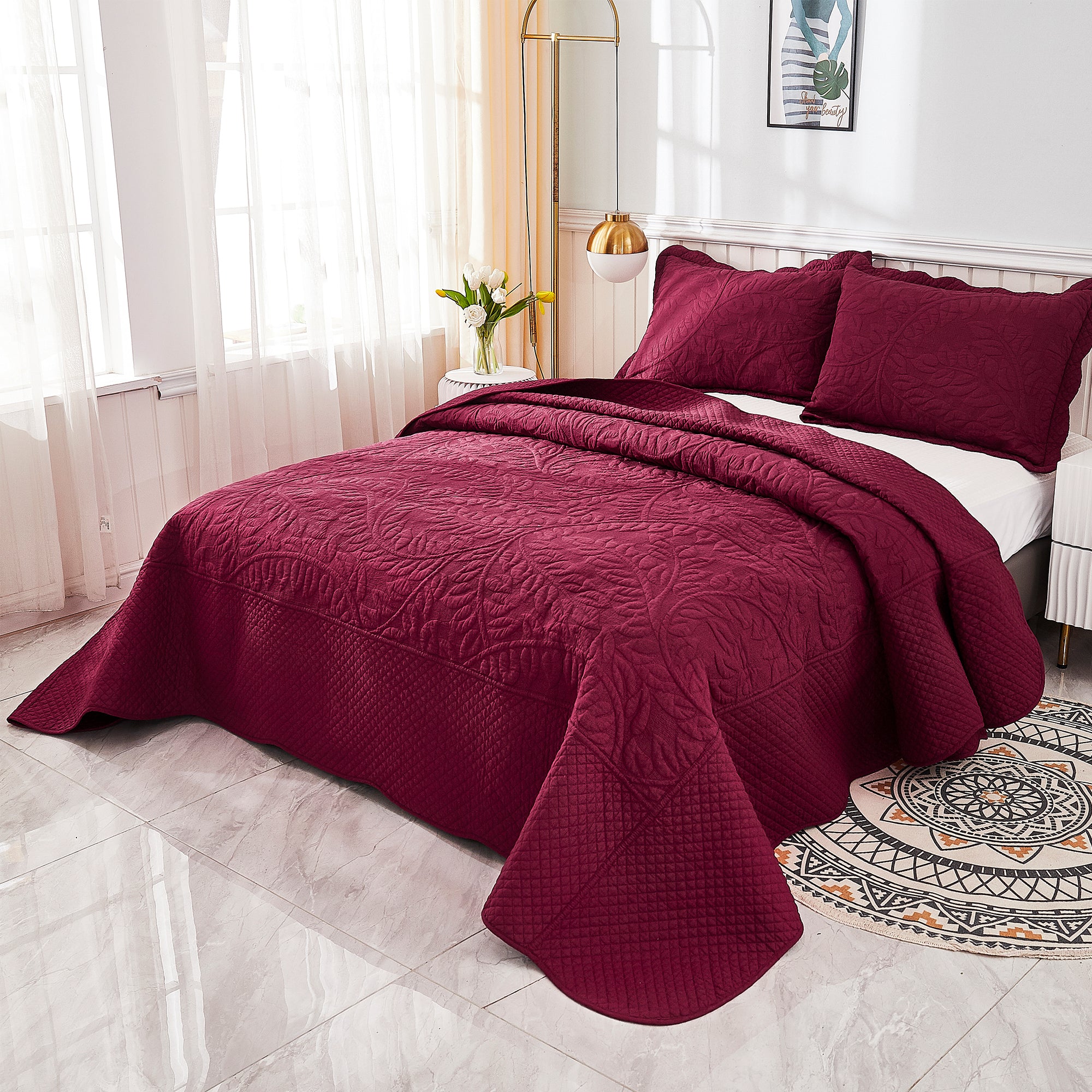 3 Piece 100% Cotton Quilt Set, Oversized Quilted Bedspread T
