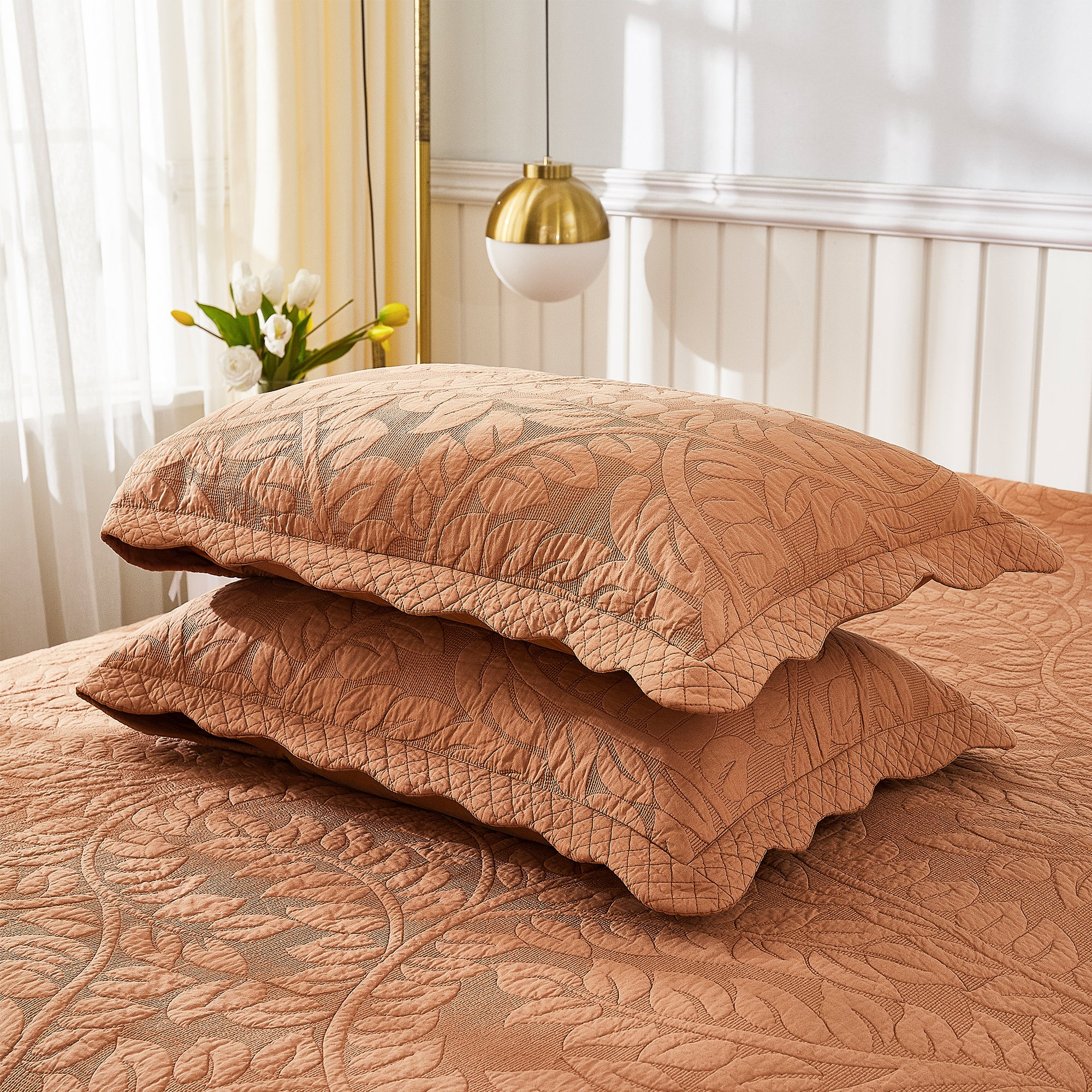2-Piece 100% Cotton Quilted Pillow Shams Embroidered Farmhouse Pillow Shams
