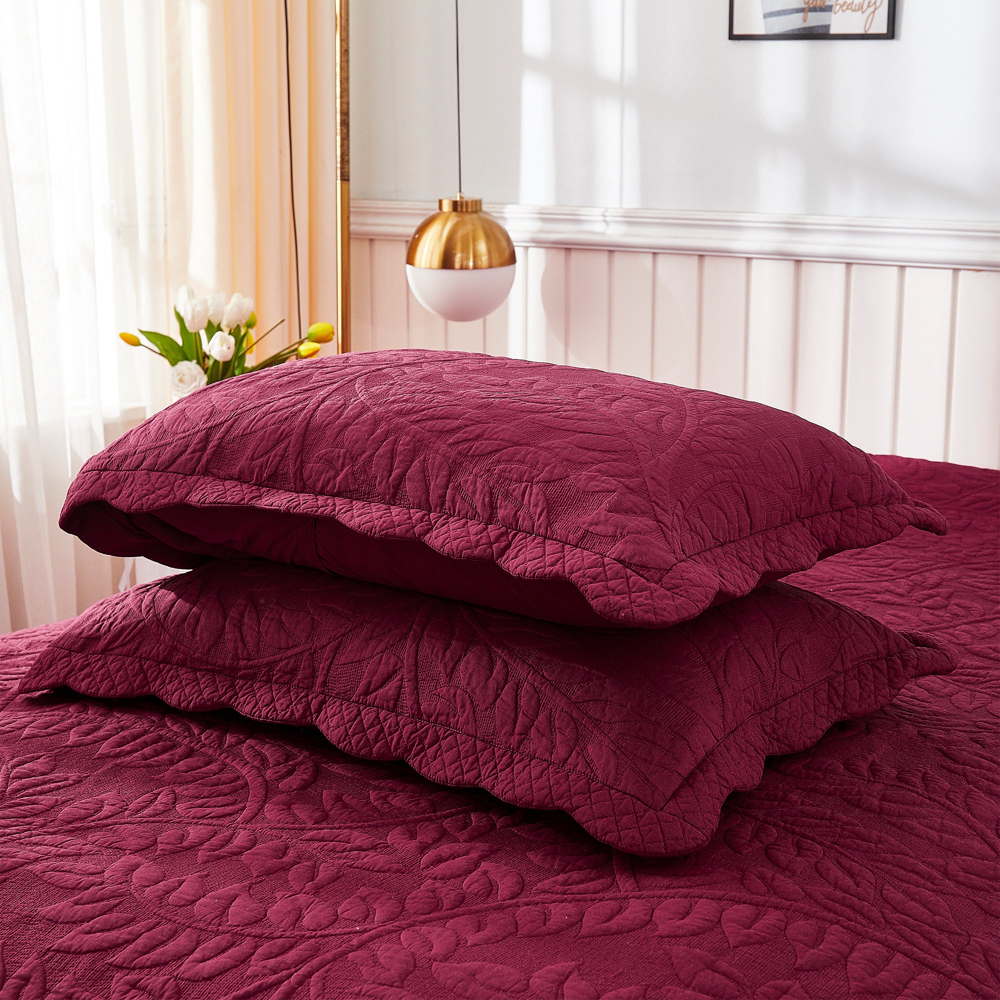 2-Piece 100% Cotton Quilted Pillow Shams Embroidered Farmhouse Pillow Shams