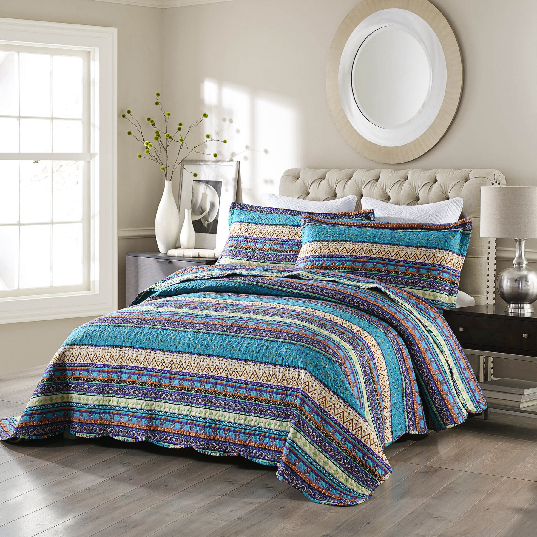 3 Piece Boho Quilt Set, Tribal Striped Bedspread Lightweight BY011