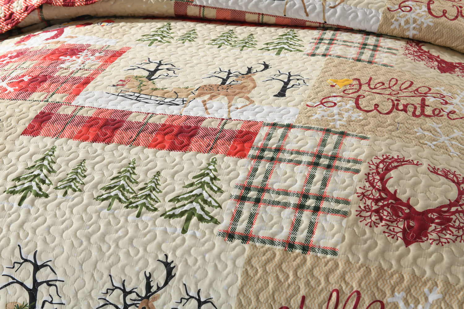 3 Piece Christmas Quilt Set, Rustic Lodge Deer Plaid Bedspread Lightweight BY010