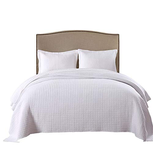 3 Piece Cotton Quilt Set White Square Quilted Bedspread B33
