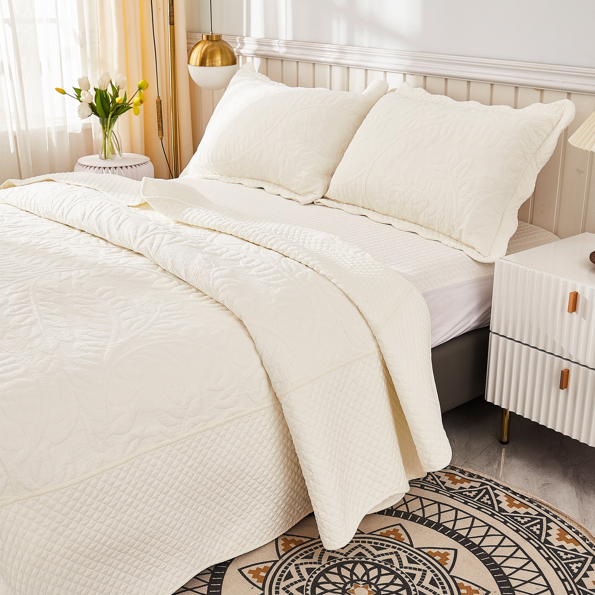 3 Piece 100% Cotton Quilt Set, Oversized Quilted Bedspread T