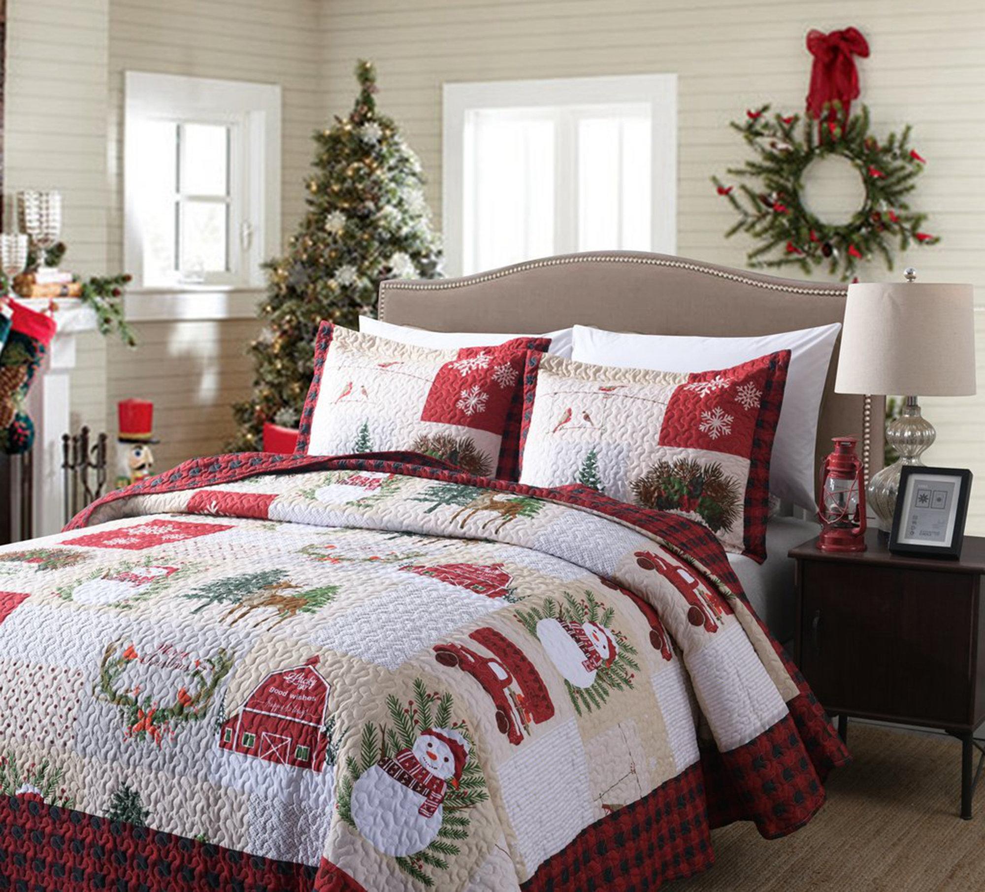 3 Piece Christmas Snowman Patchwork Quilt Set – Reversible Holiday Bedspread BY013