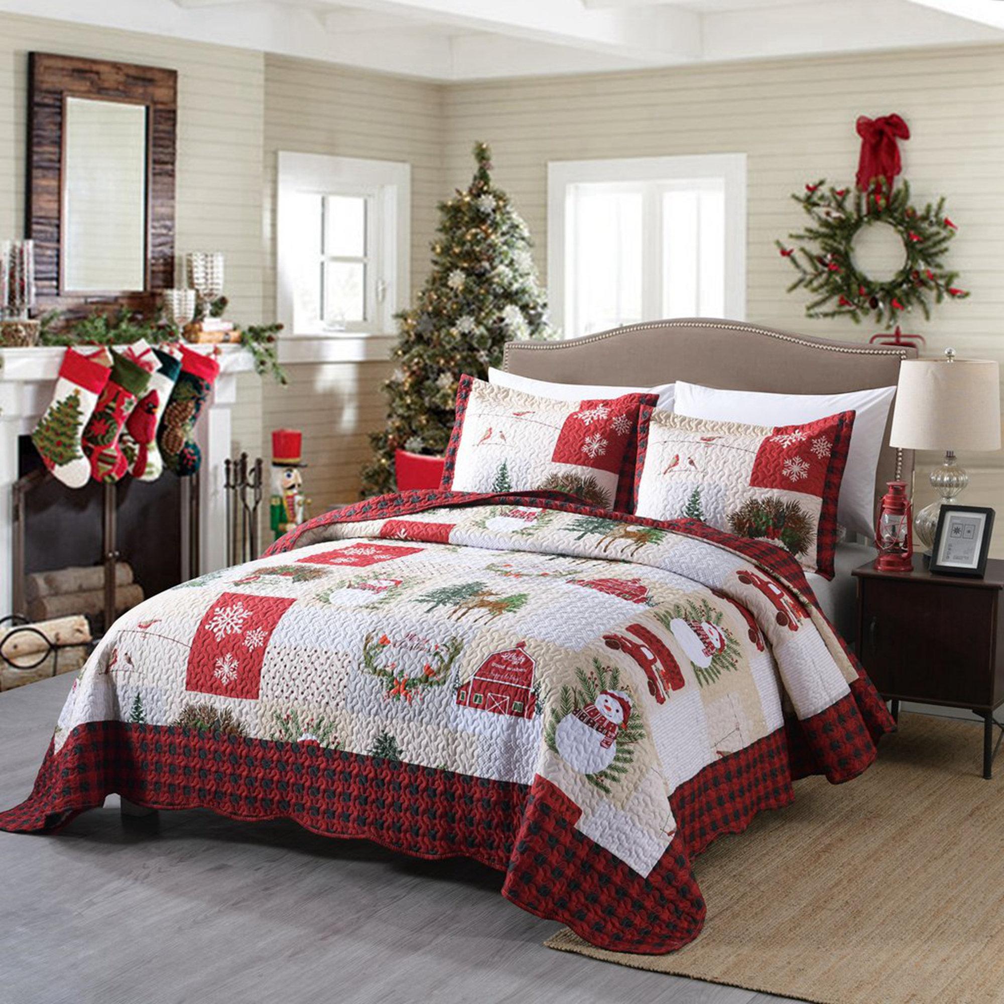 3 Piece Christmas Snowman Patchwork Quilt Set – Reversible Holiday Bedspread BY013