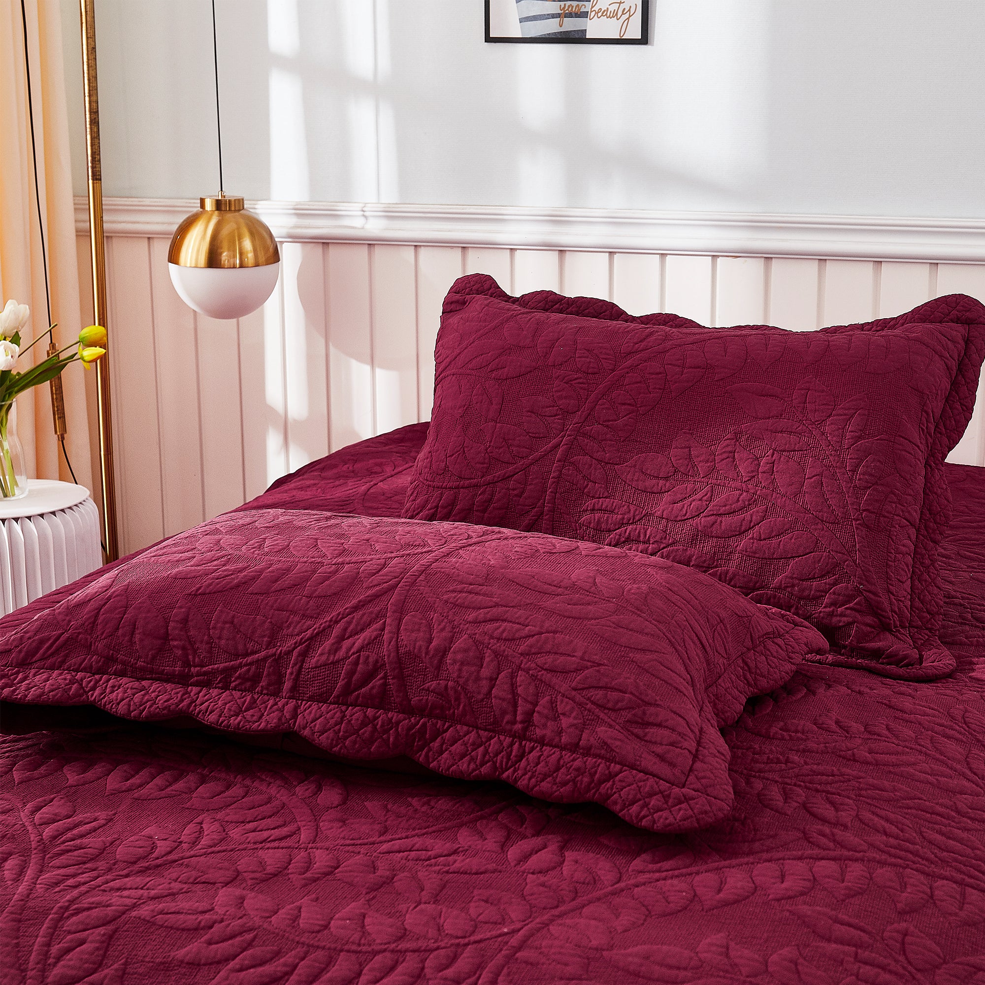 2-Piece 100% Cotton Quilted Pillow Shams Embroidered Farmhouse Pillow Shams