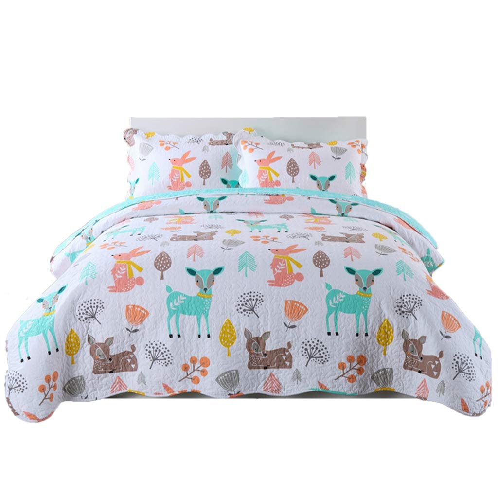 100% Cotton 2/3 Pcs Kids Quilt Bedspread Comforter Set for Teens Girls Teal Blue Forest Deer, XL1804