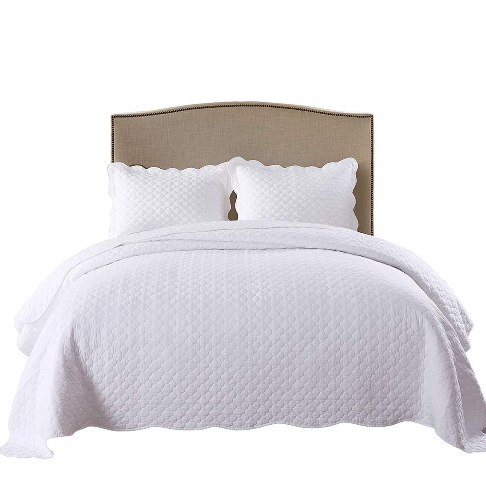 3 Piece 100% Cotton Quilt Set, Lightweight Quilted Bedspread White