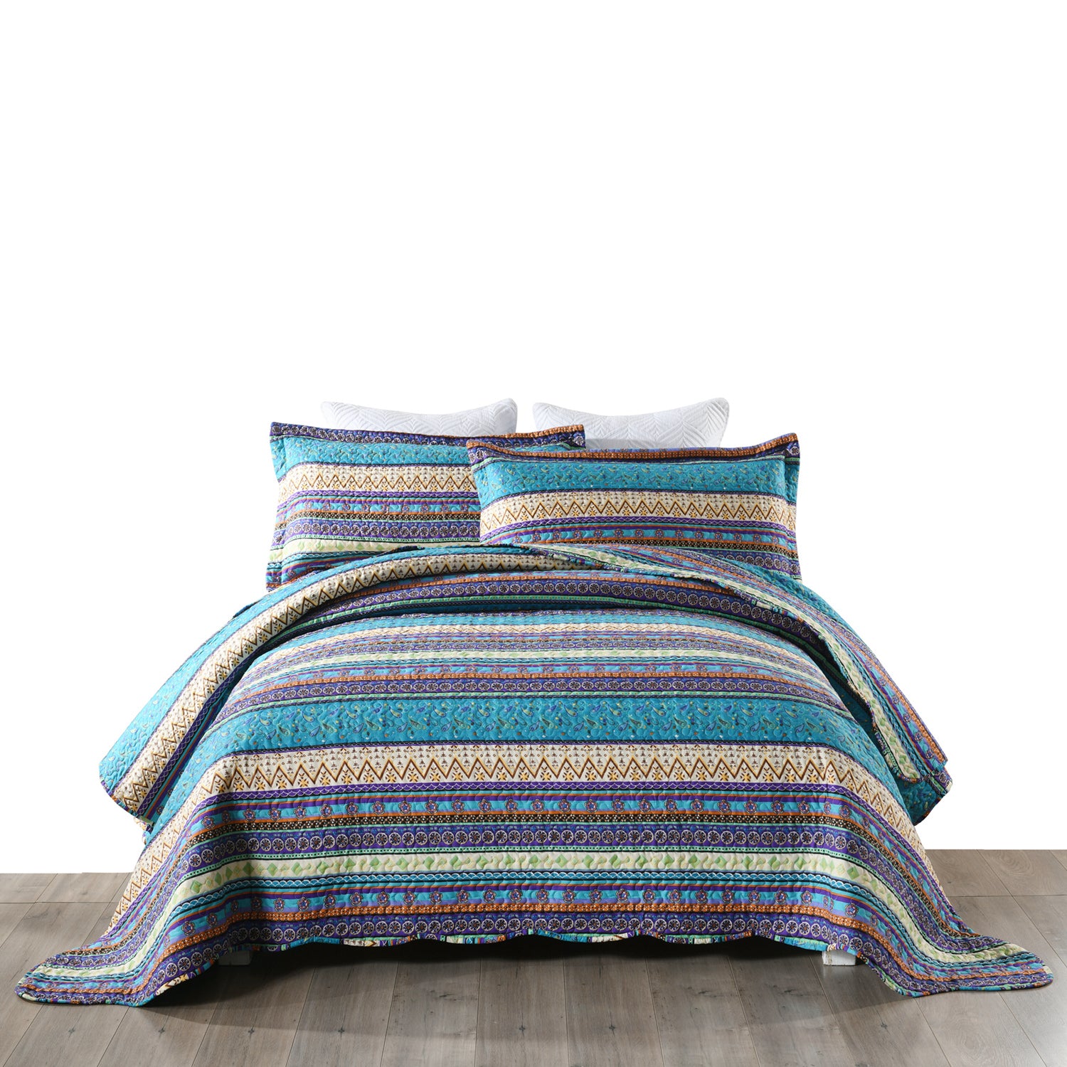 3 Piece Boho Quilt Set, Tribal Striped Bedspread Lightweight BY011