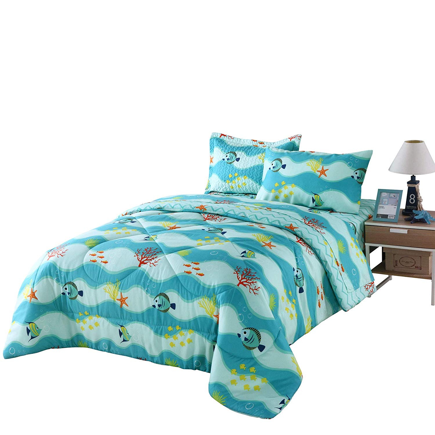 5/7 Piece Kids Ocean Comforter Set, Sea Life Bedding Set All Season 277