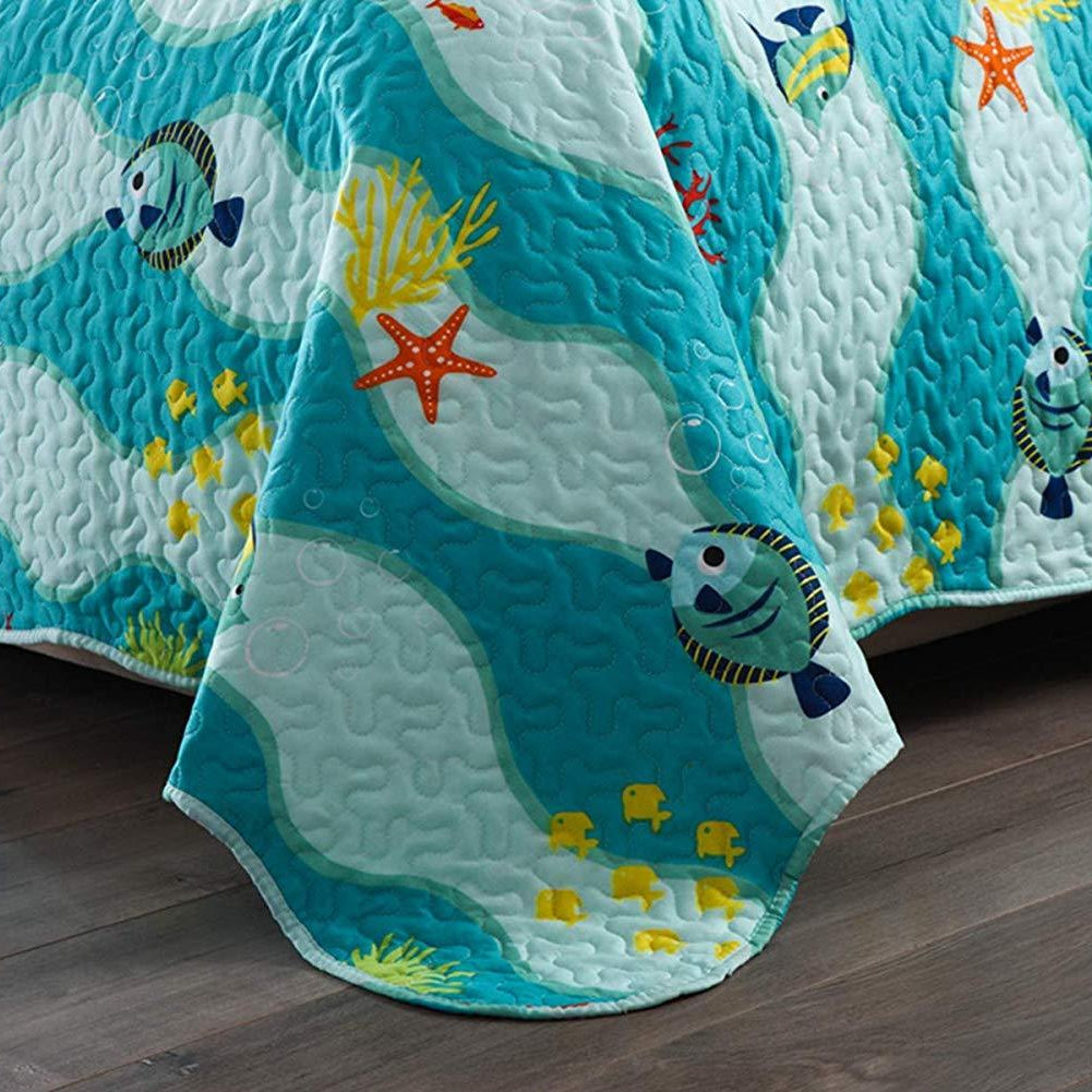 2/3 Piece Kids Ocean Quilt Set, Sea Life Bedspread for Teens Boys Girls