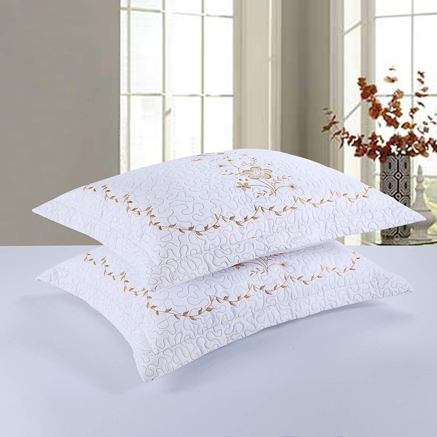 2 Pack Embroidered Pillow Shams – Standard Queen King Euro Decorative Pillow Covers with Hidden Zipper
