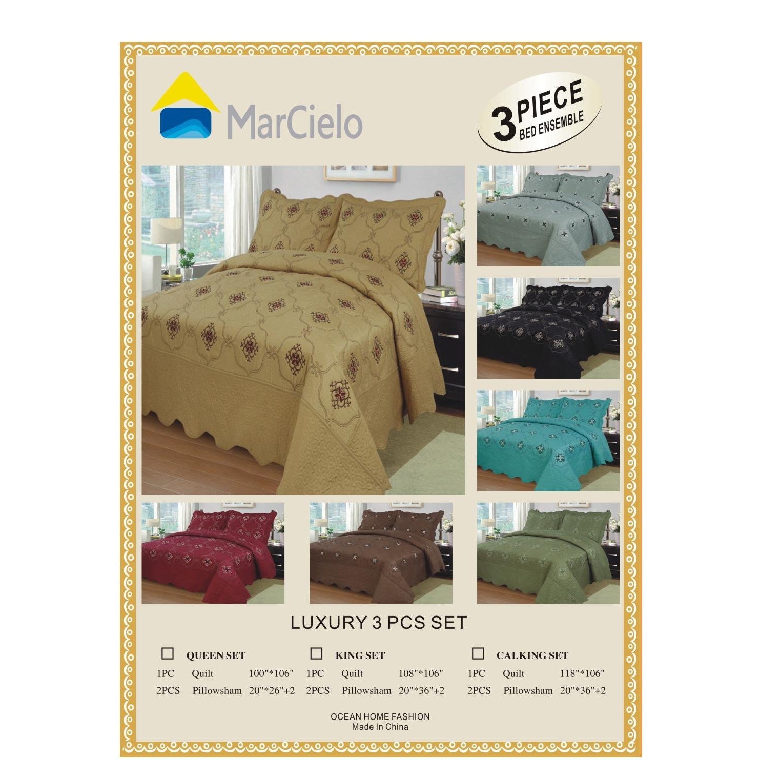 3 Piece Luxury Embroidered Quilt Set Oversized Bedspread