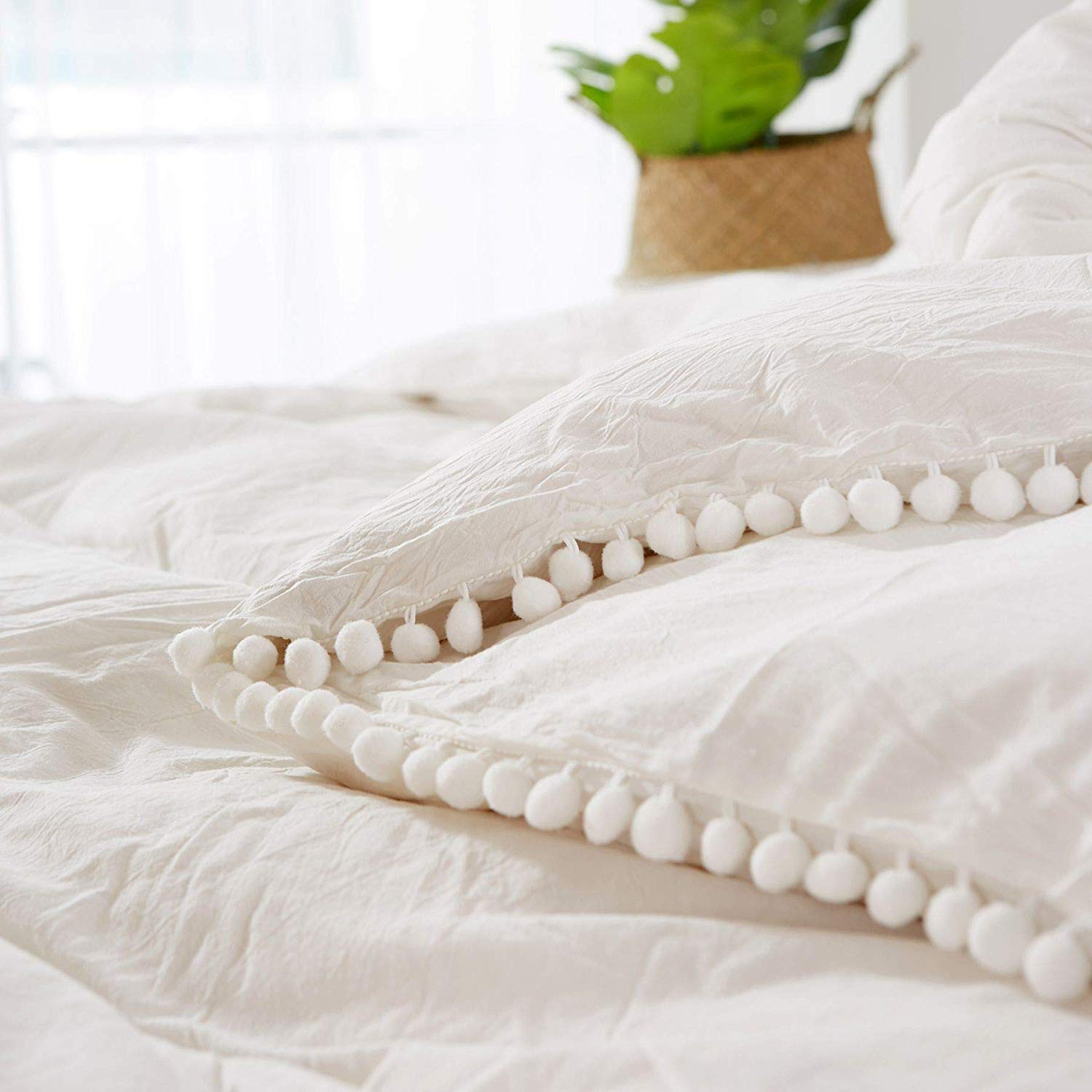 3 Piece 100% Cotton Duvet Cover Set, Pompom Soft Breathable Bedding