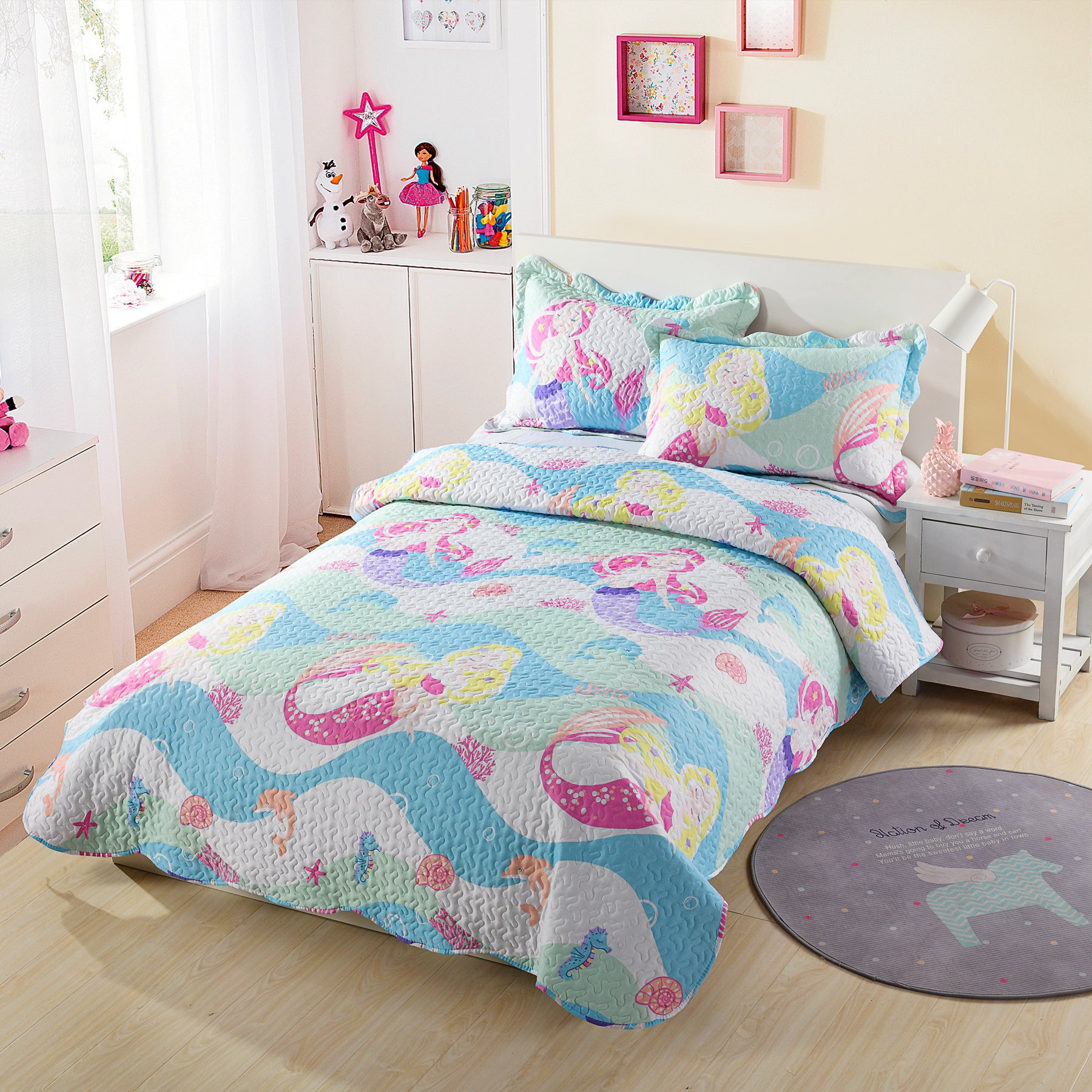 2/3Pcs Mermaid Kids Quilt Set Bedspread Coverlet Set A94