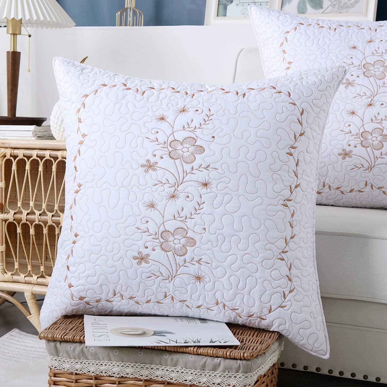 2 Pack Embroidered Pillow Shams – Standard Queen King Euro Decorative Pillow Covers with Hidden Zipper