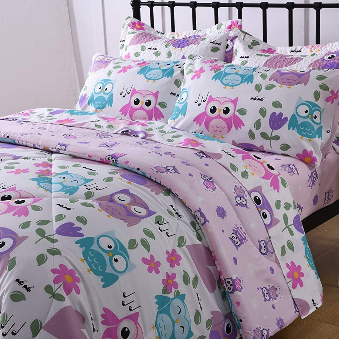 5/7 Piece Kids Owl Comforter Set, Girls Bedding for Twin Full Beds