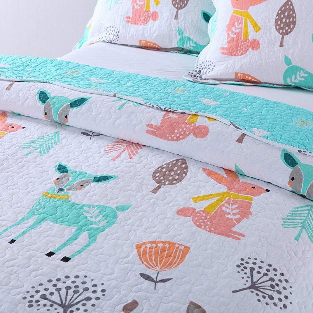 2/3 Piece Kids Woodland Animal Quilt Set, 100% Cotton Bedspread Lightweight XL