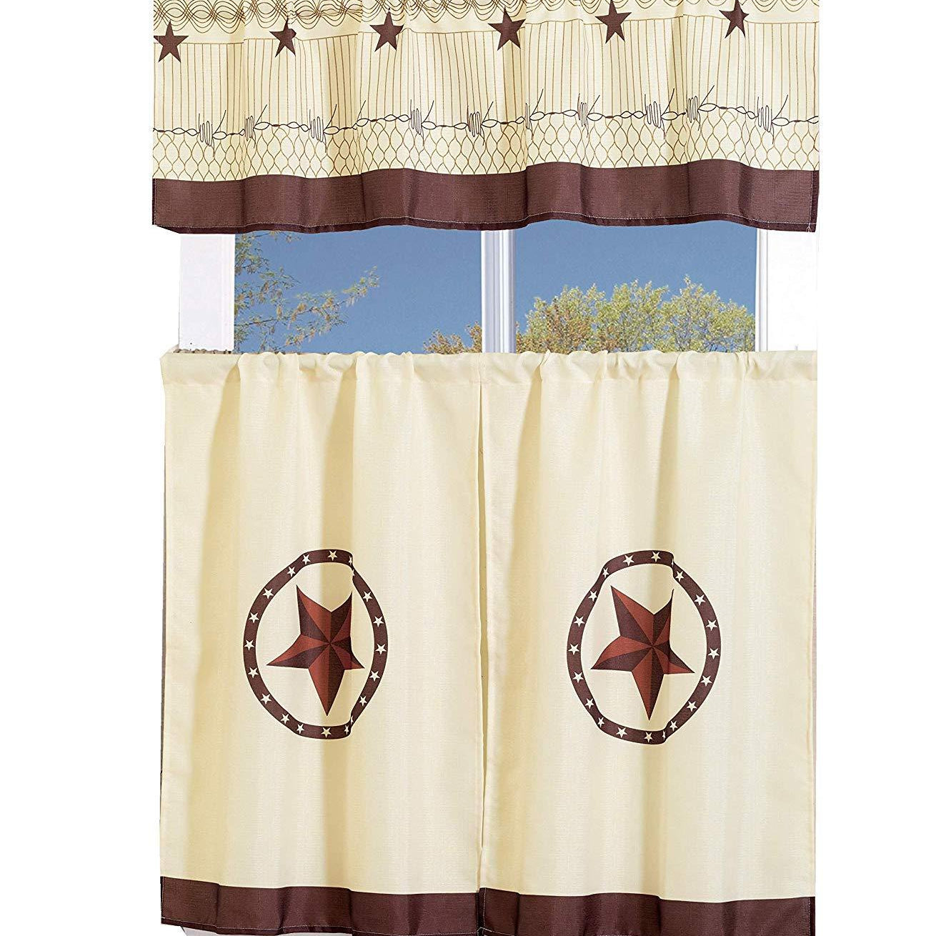 3 Piece Western Texas Star Kitchen Café Curtain Set, Valance & Tier Rod Pocket
