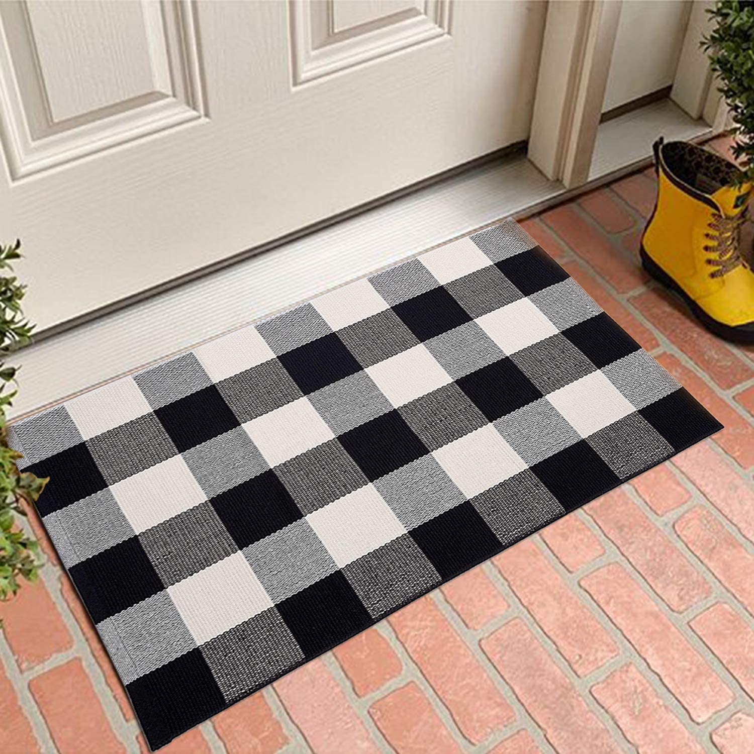 Cotton  Plaid Rugs for Front Porch Machine Washable Layered Door Mats Outdoor