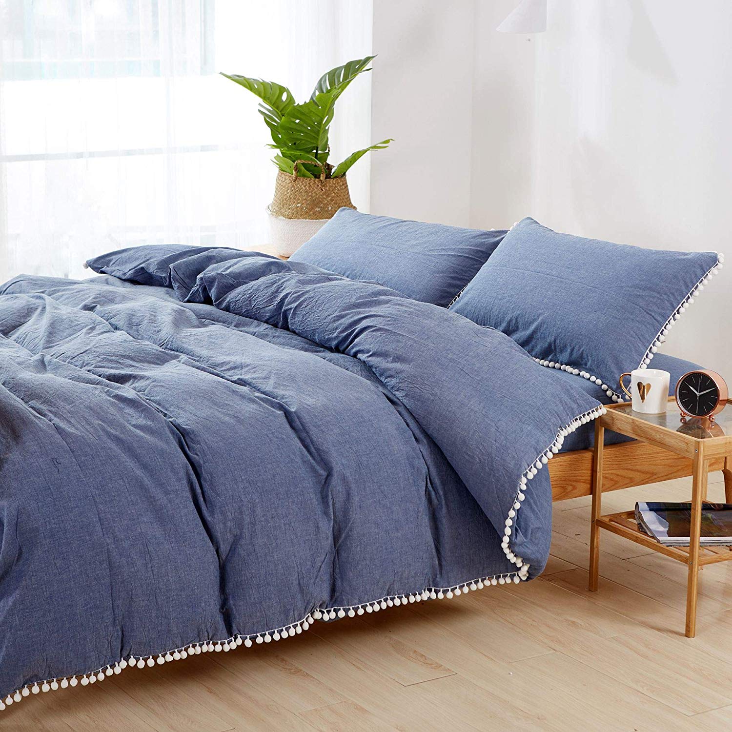 3 Piece 100% Cotton Duvet Cover Set, Pompom Soft Breathable Bedding