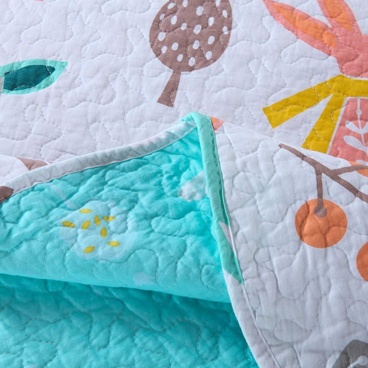 100% Cotton 2/3 Pcs Kids Quilt Bedspread Comforter Set for Teens Girls Teal Blue Forest Deer, XL1804