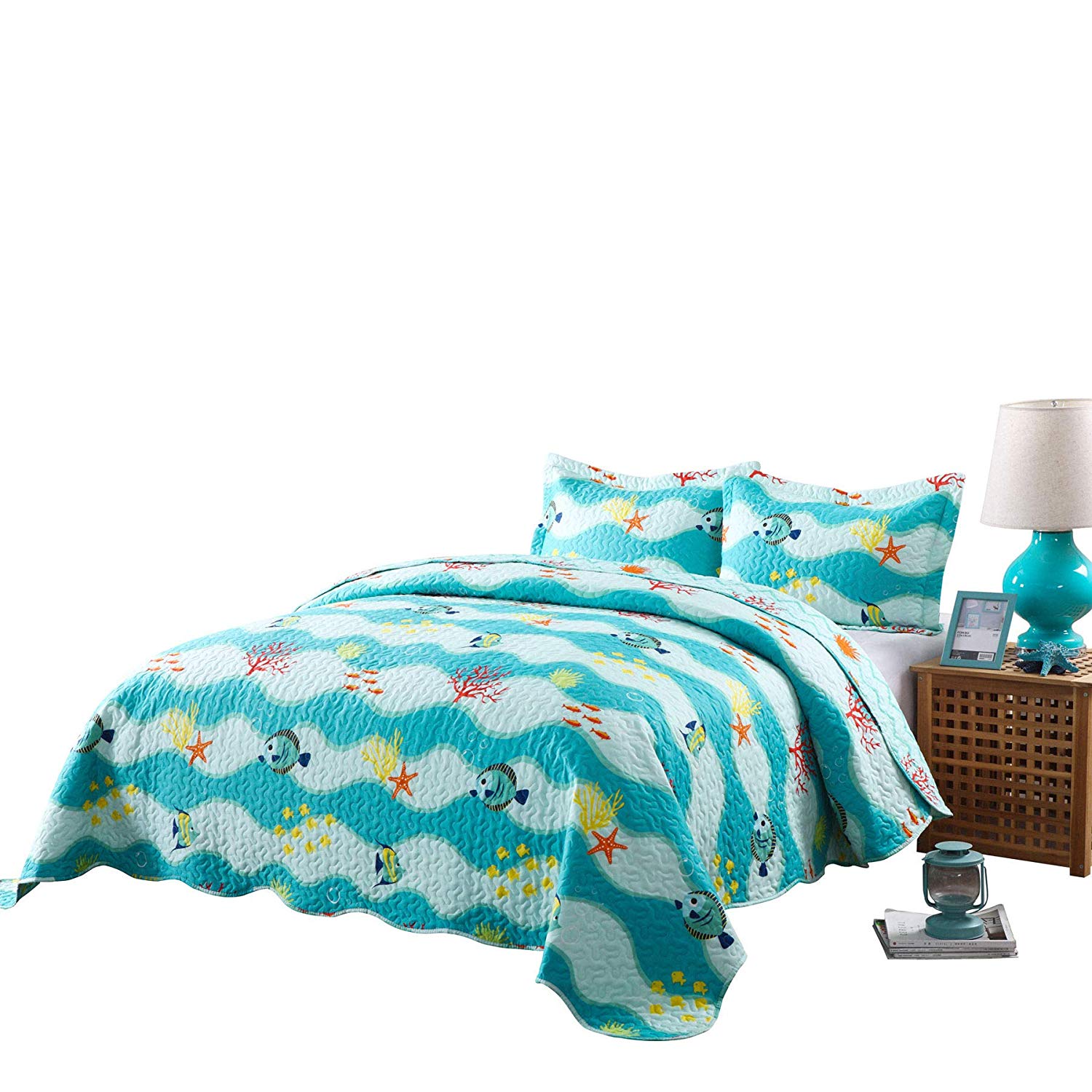 2/3 Piece Kids Ocean Quilt Set, Sea Life Bedspread for Teens Boys Girls